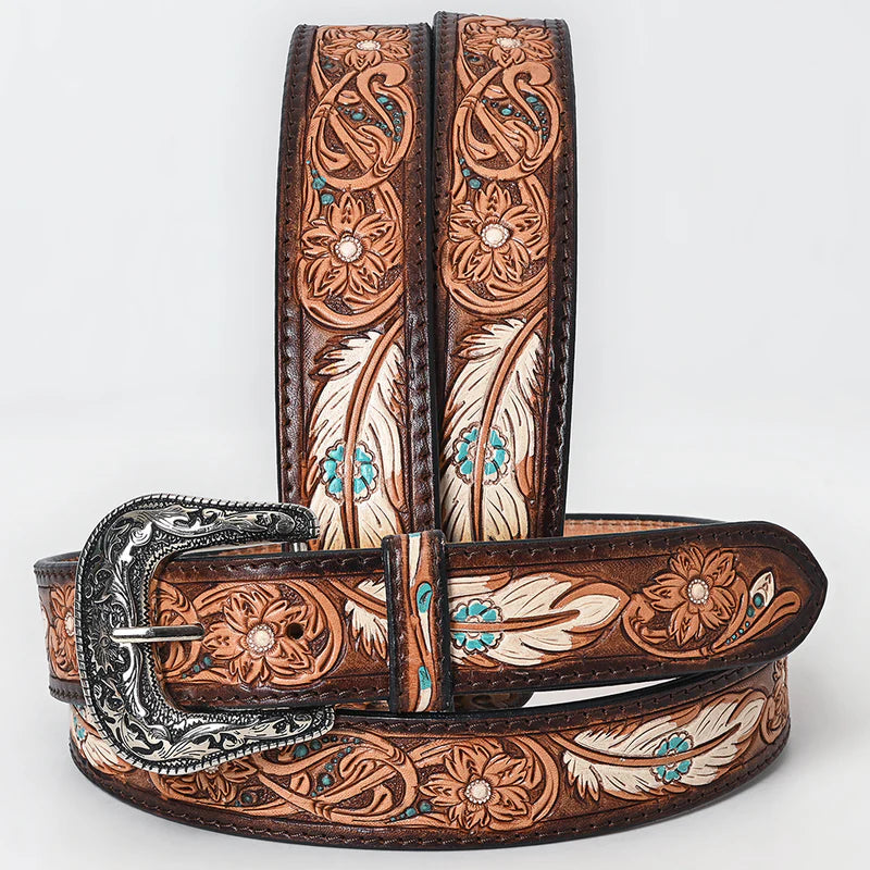 American Darling Unisex Floral Design w/ Feathers & Accents Leather Western Belt - Tan/Cream