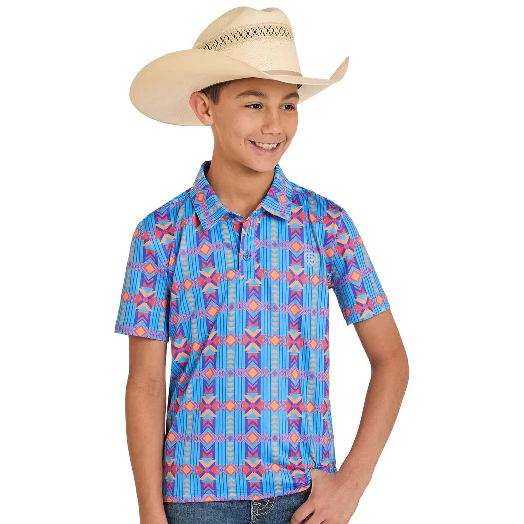 Rock & Roll Boy's Vertical Southwest Aztec Print Short Sleeve Polo Shirt - Sapphire