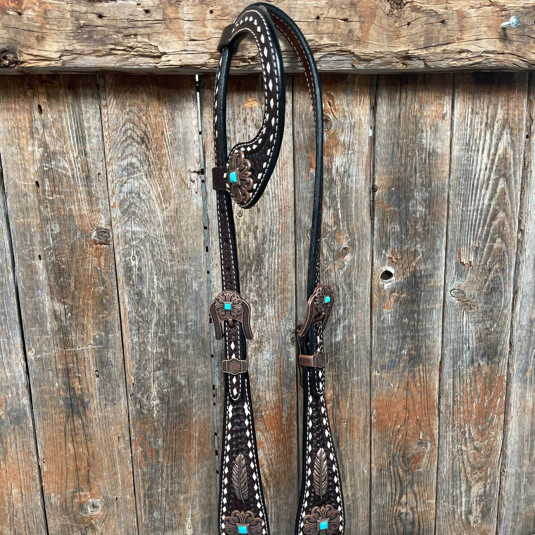 Rodeo Drive Dark Oil Buckstitch w Browband 1 Ear Breastcollar Tack Set One Ear ONLY - Copper/Turquoise