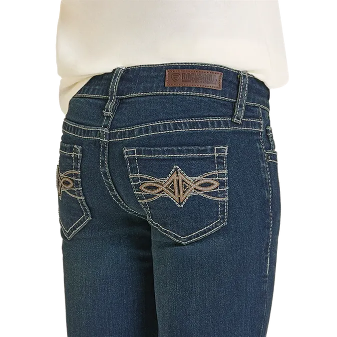 Rock & Roll Girl's Pleather Emb Bootcut Jeans - Dark Wash