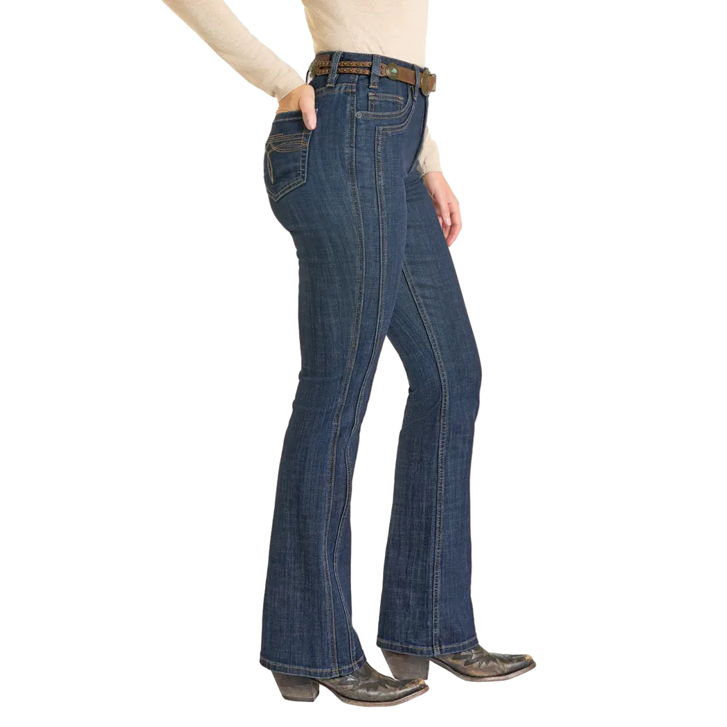 Rock & Roll Women's High Rise Front Detail Saddle Stitch Bootcut Jeans - Dark Wash - Irvine Tack & Western Wear