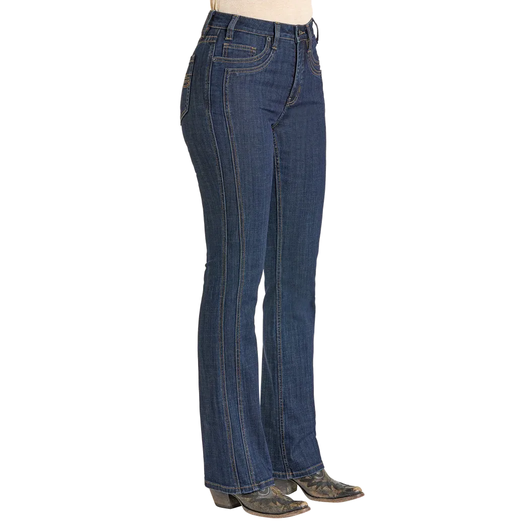 Rock & Roll Women's High Rise Front Detail Saddle Stitch Bootcut Jeans - Dark Wash - Irvine Tack & Western Wear