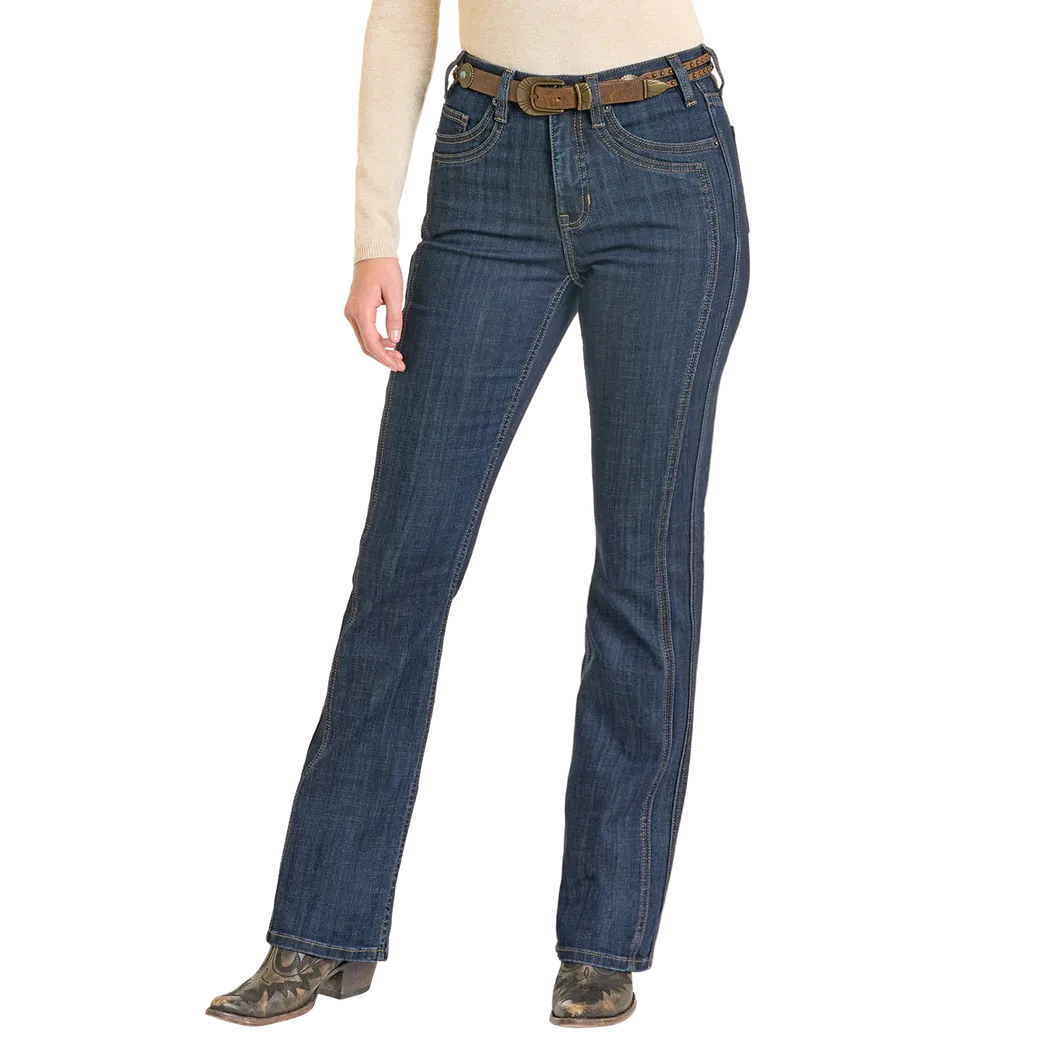 Rock & Roll Women's High Rise Front Detail Saddle Stitch Bootcut Jeans - Dark Wash - Irvine Tack & Western Wear