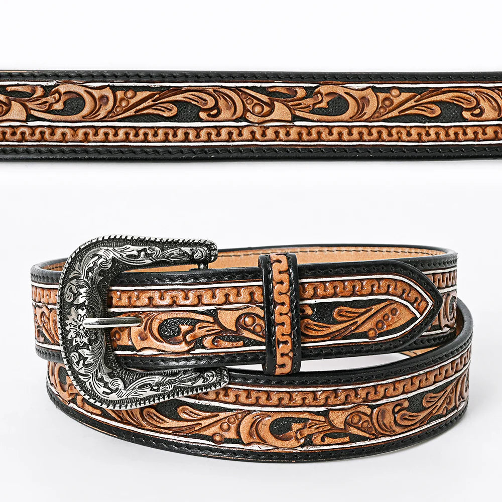 American Darling Western Tooled Leather Belt with Scrollwork & Silver Buckle - Black/Tan - Irvine Tack & Western Wear