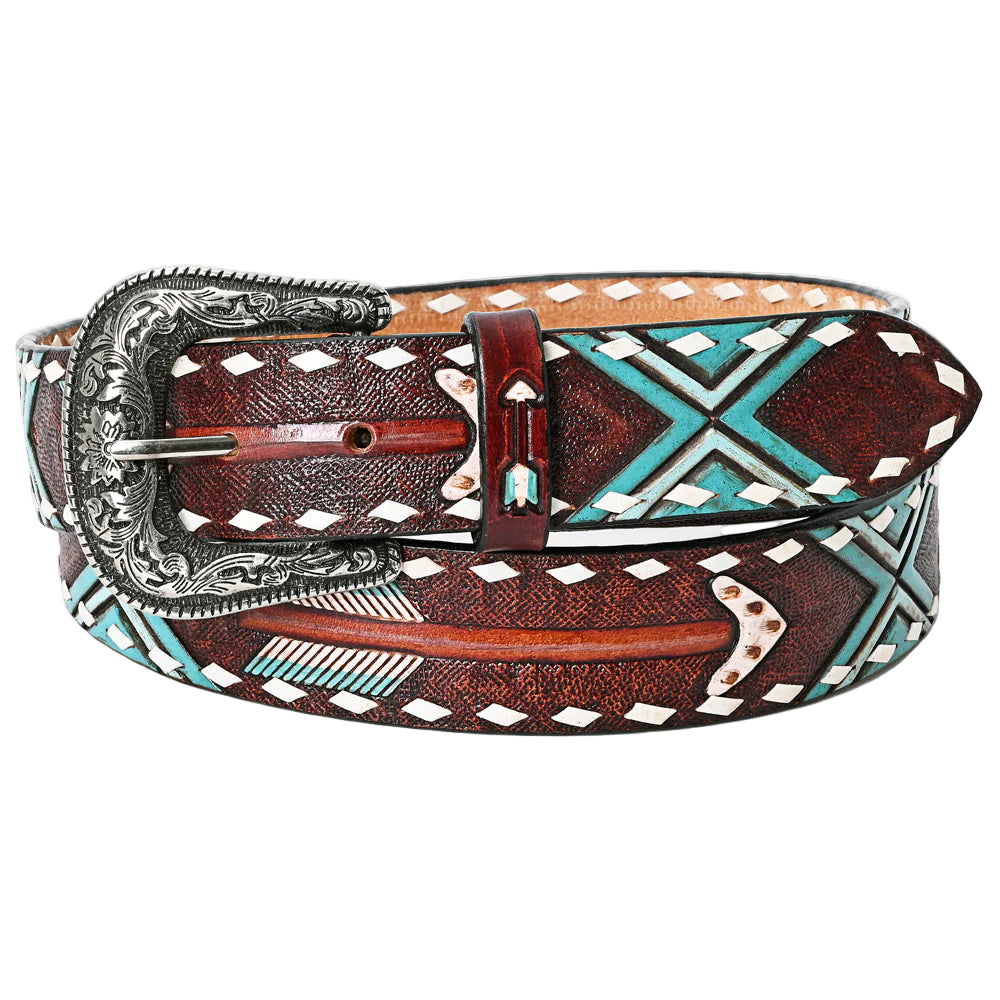 American Darling Hand Tooled Arrow & Tribal Pattern Western Leather Belt - Rustic Brown/Turquoise - Irvine Tack & Western Wear