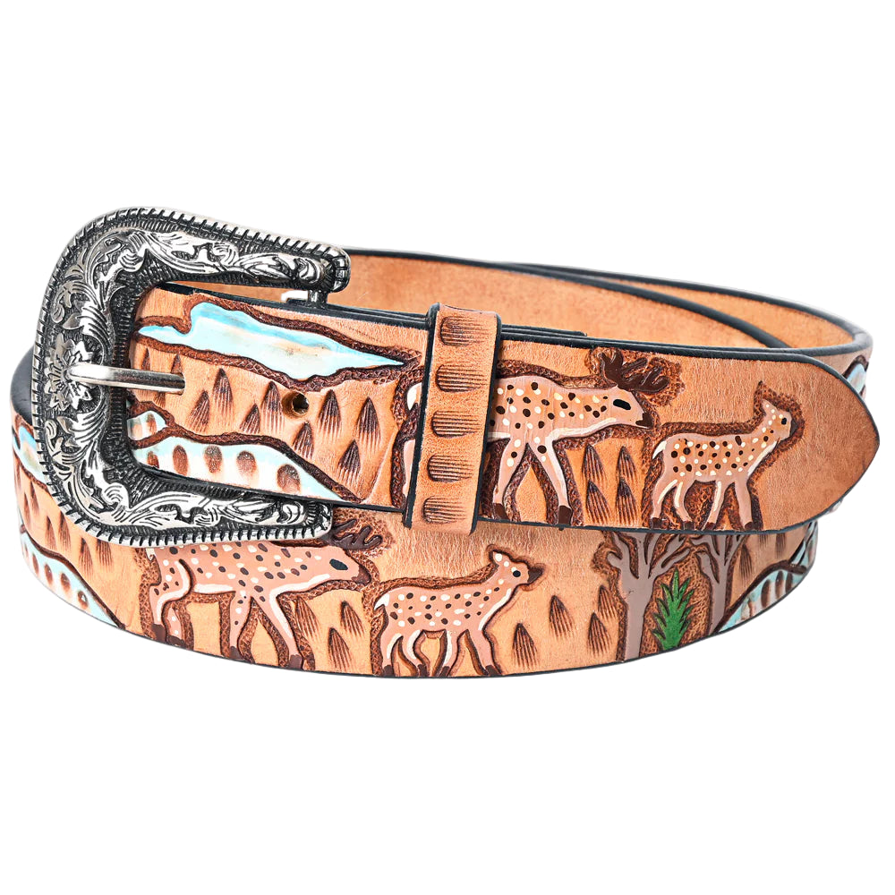 American Darling Tooled Leather Western Belt - Deer & Wilderness Landscape - Tan - Irvine Tack & Western Wear