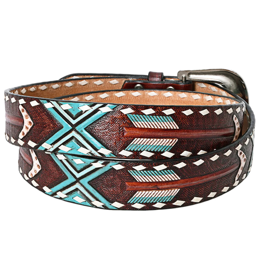 American Darling Hand Tooled Arrow & Tribal Pattern Western Leather Belt - Rustic Brown/Turquoise - Irvine Tack & Western Wear