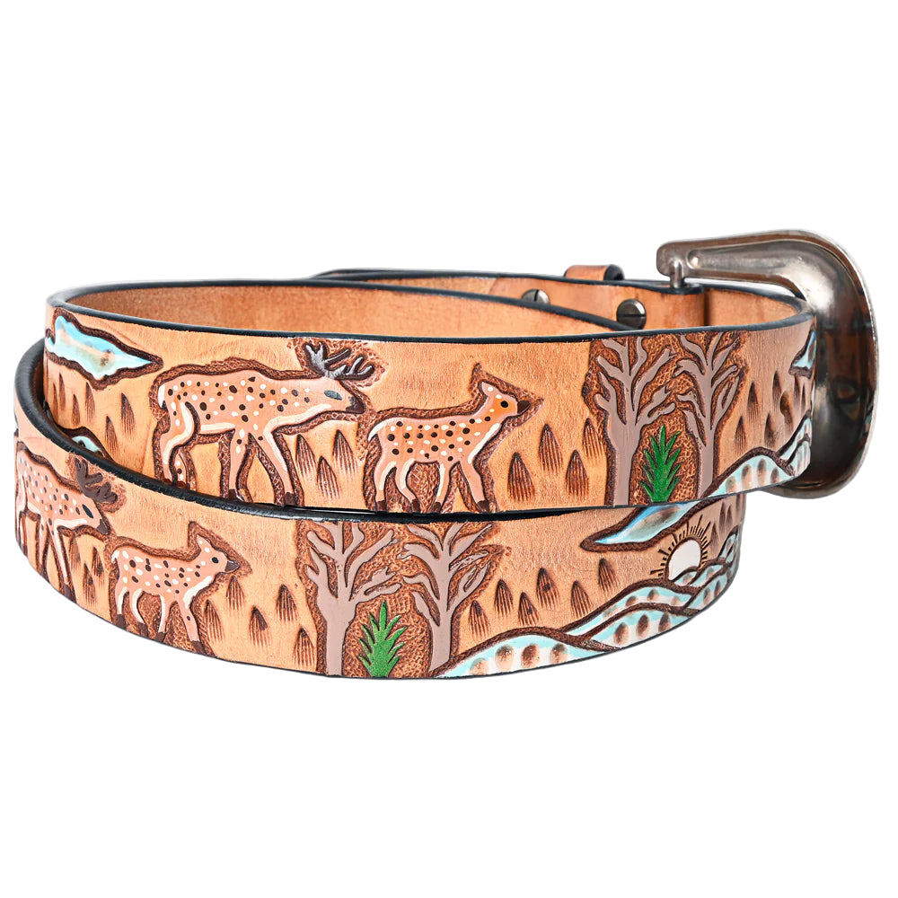 American Darling Tooled Leather Western Belt - Deer & Wilderness Landscape - Tan - Irvine Tack & Western Wear