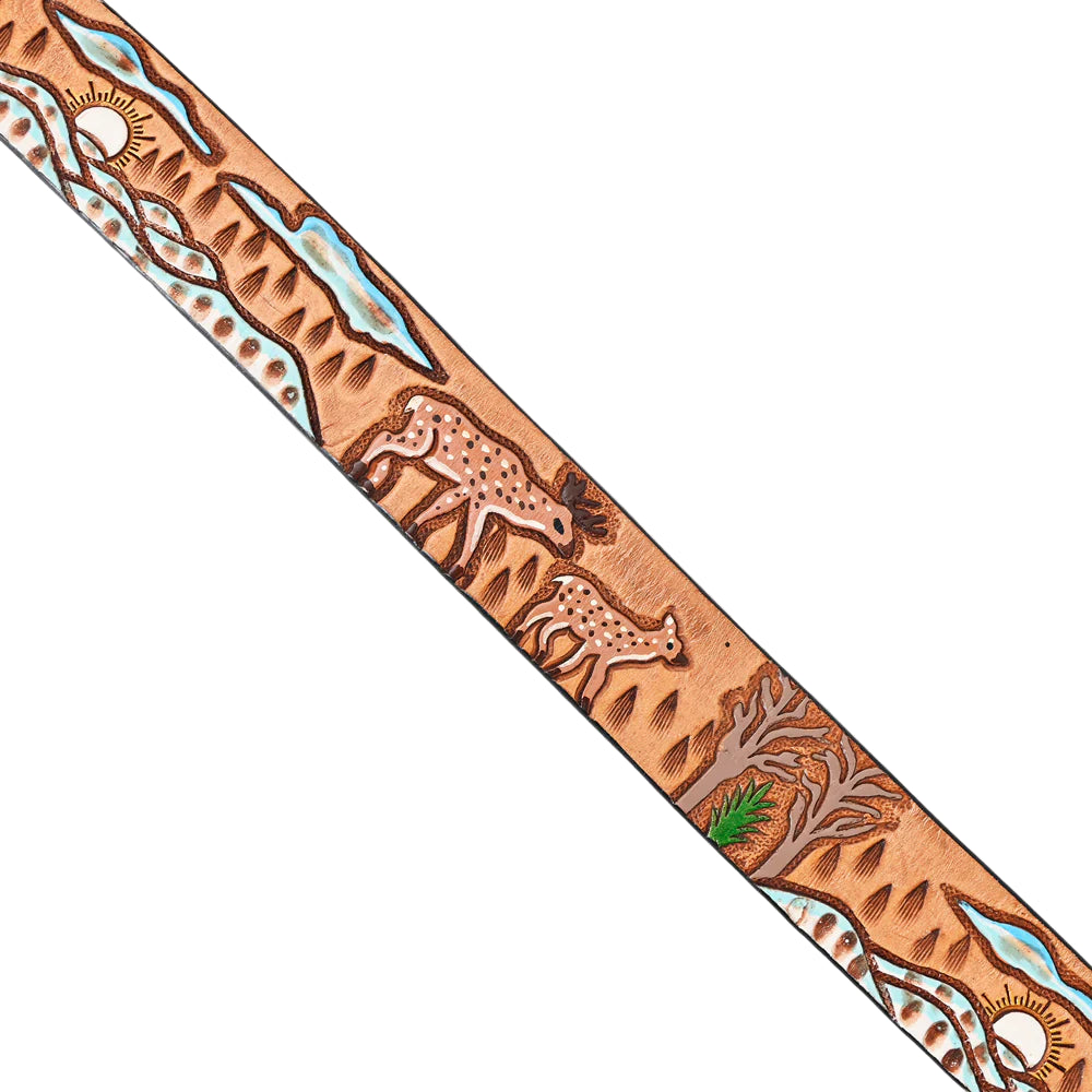 American Darling Tooled Leather Western Belt - Deer & Wilderness Landscape - Tan - Irvine Tack & Western Wear
