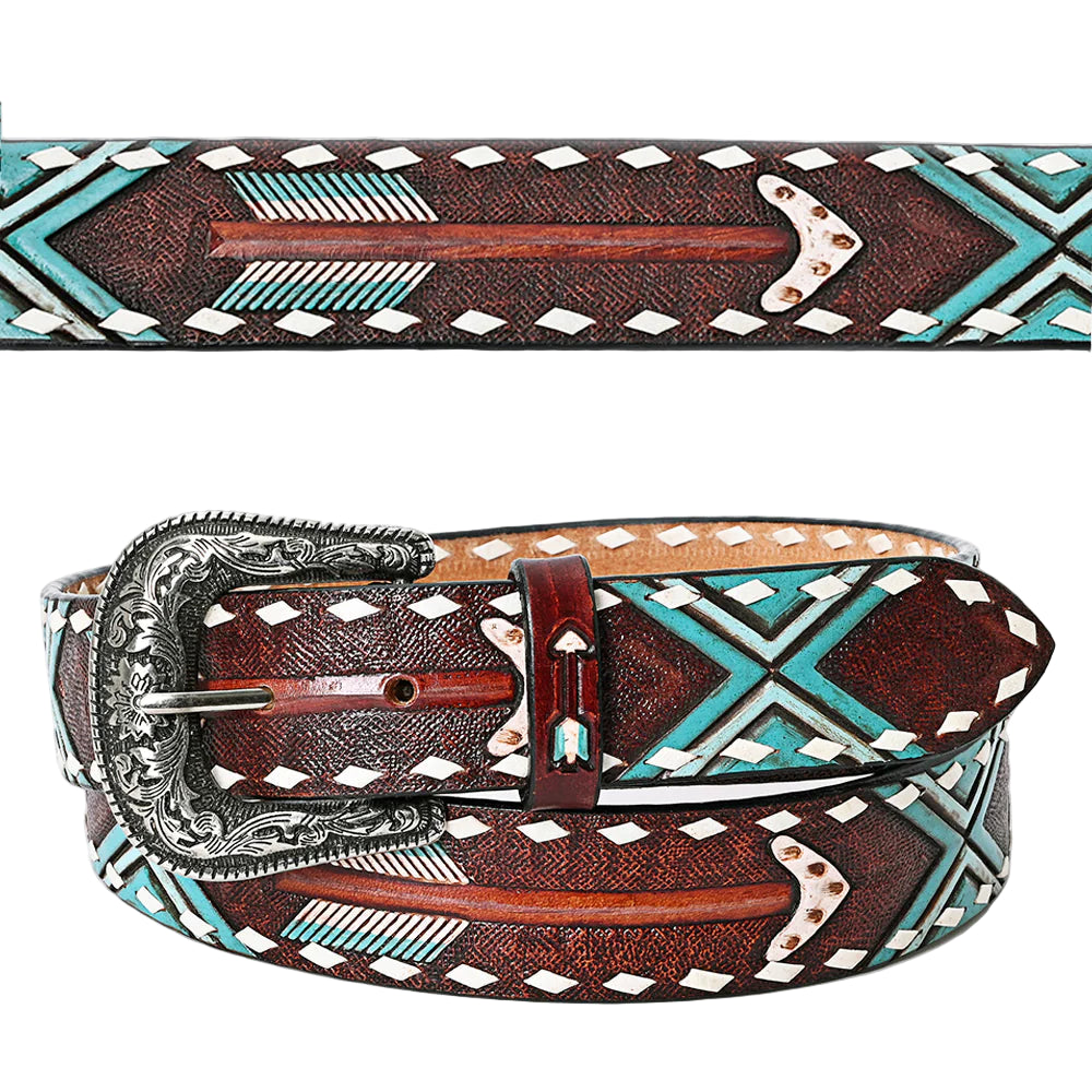 American Darling Hand Tooled Arrow & Tribal Pattern Western Leather Belt - Rustic Brown/Turquoise - Irvine Tack & Western Wear