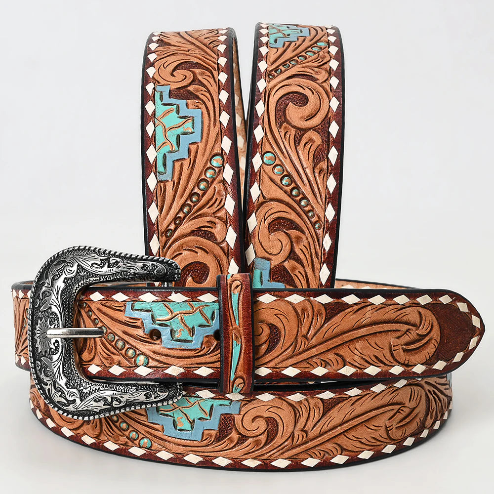 American Darling Unisex Aztec Tooled & Whipstitch Engraved Buckle Western Belt - Tan/Turquoise