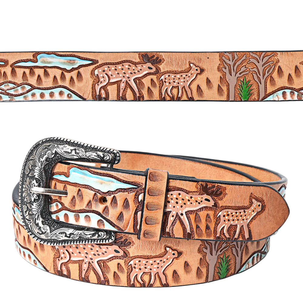 American Darling Tooled Leather Western Belt - Deer & Wilderness Landscape - Tan - Irvine Tack & Western Wear