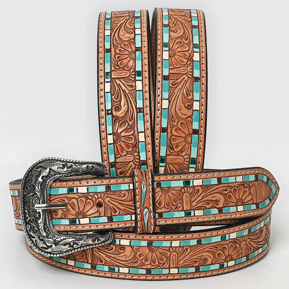 American Darling Unisex Mosaic Inlay & Floral Tooling Western Belt - Brown/Turquoise