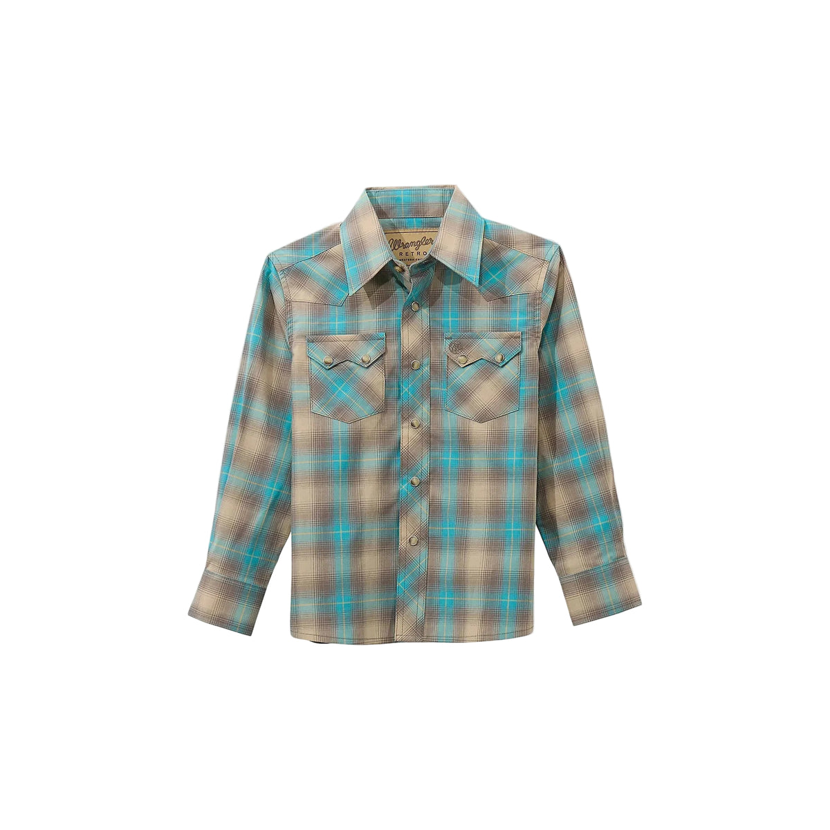 Wrangler Boy's Wrangler Retro Western Snap Plaid Long Sleeve Shirt - Tan/Aqua