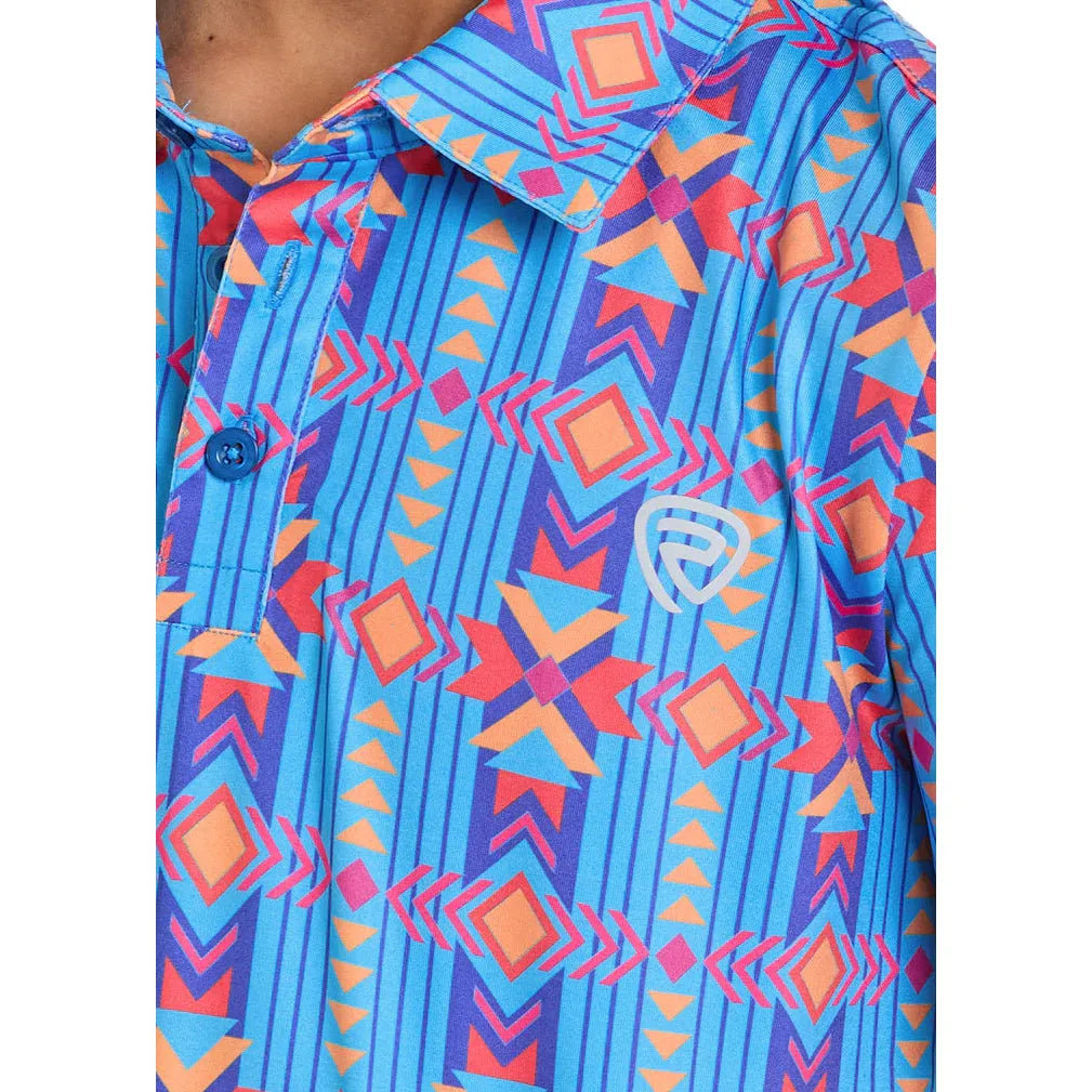 Rock & Roll Boy's Vertical Southwest Aztec Print Short Sleeve Polo Shirt - Sapphire