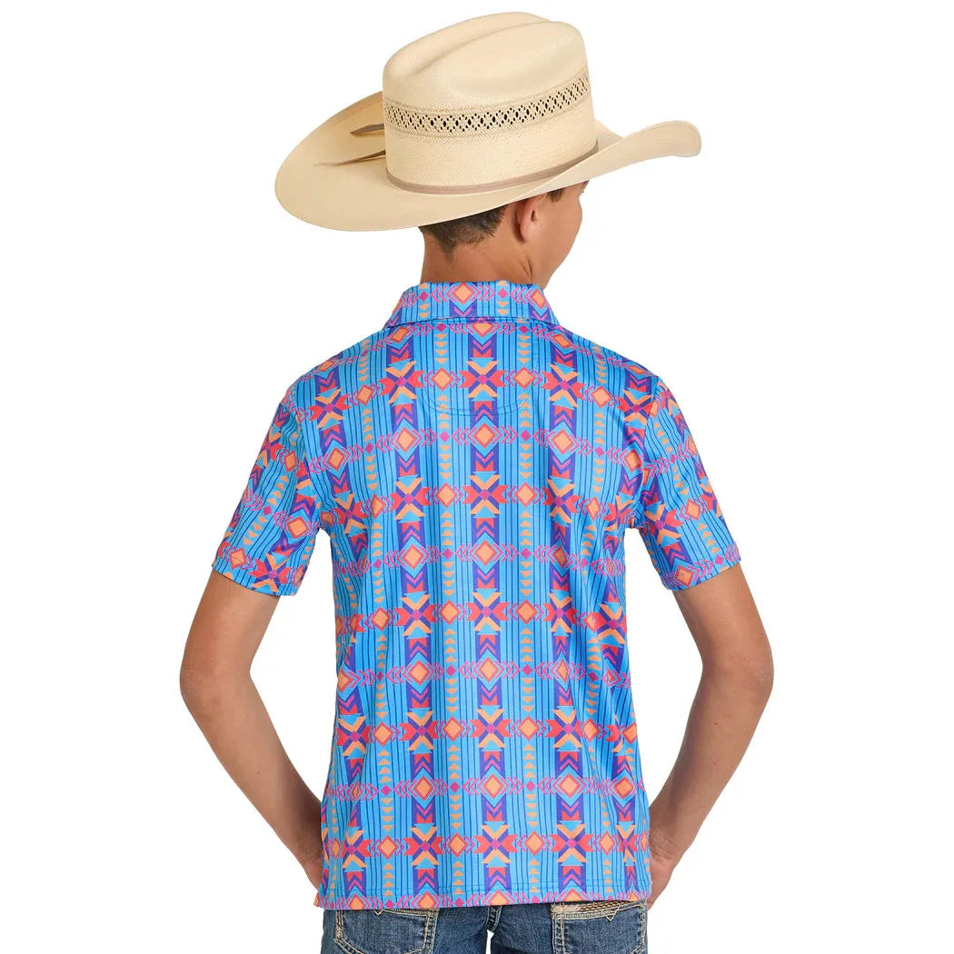 Rock & Roll Boy's Vertical Southwest Aztec Print Short Sleeve Polo Shirt - Sapphire