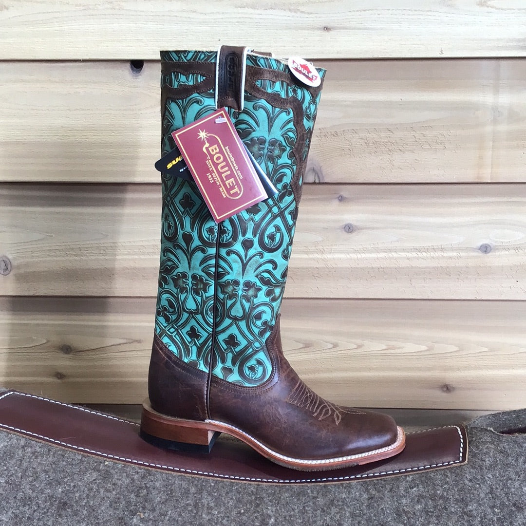 Boulet Women's Wide Square Toe Western Boots - Navajo Honey/Joker Turquoise Brown