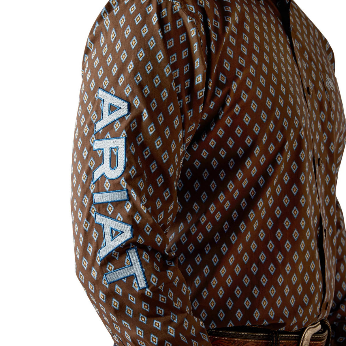 Ariat Men's Team Oak Logo Long Sleeve Shirt- Brown/Light Blue