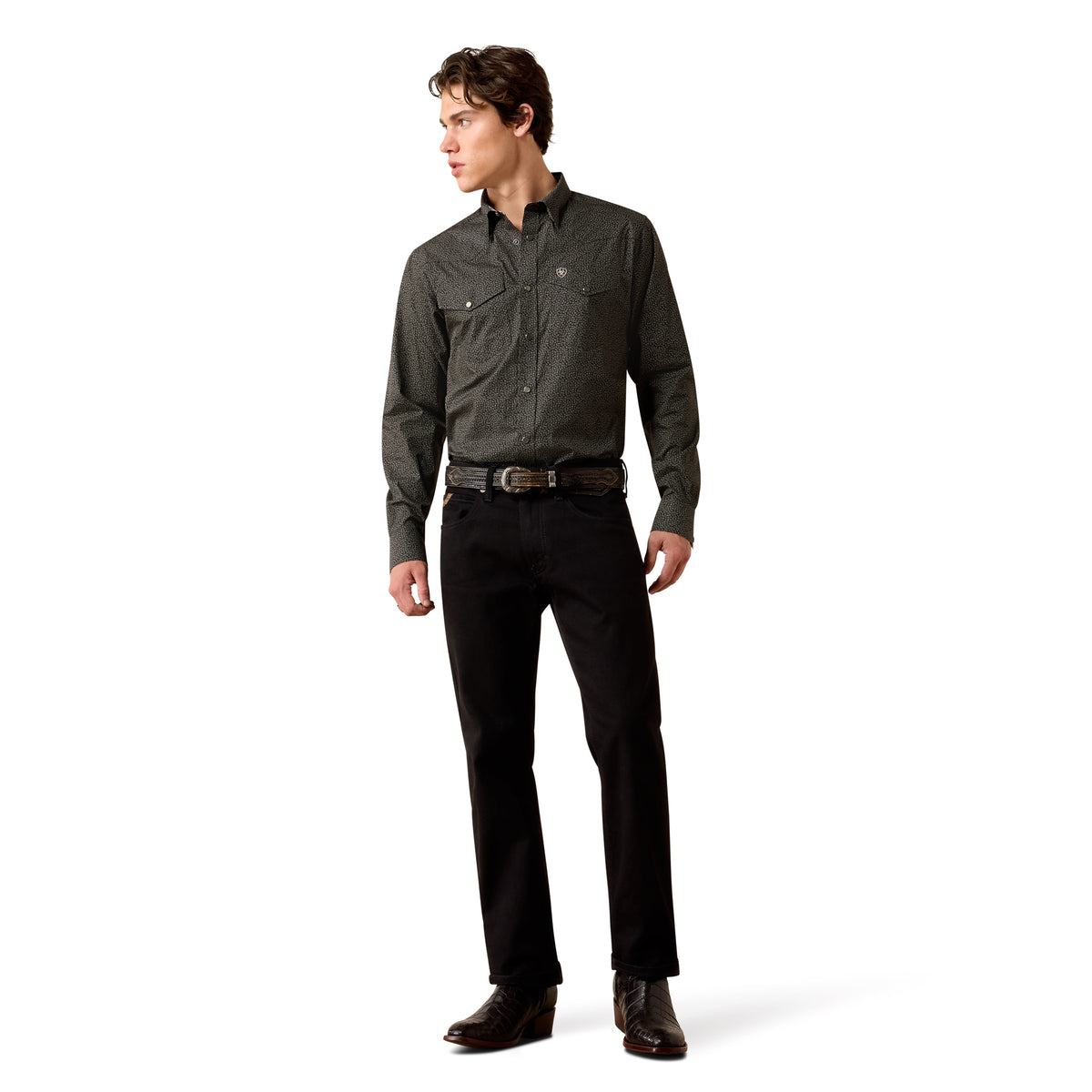 Ariat Men's Wrinkle Free Braven Fitted Snap Shirt - Black Textured Print