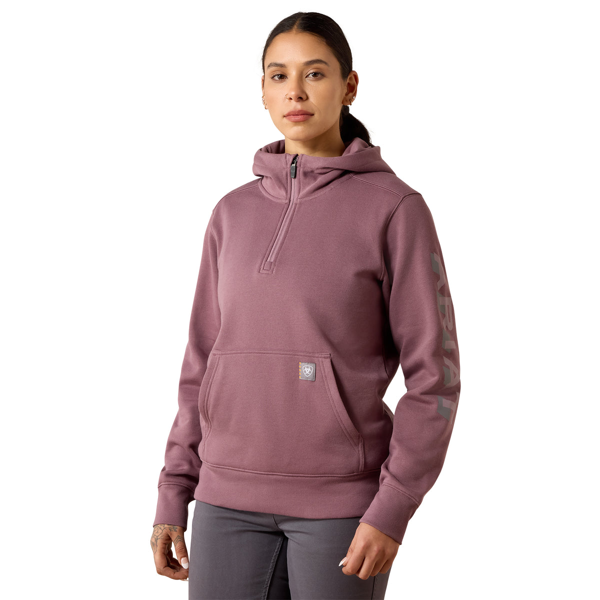 Ariat Women's Rebar Lightweight Logo 1/2 Zip Hoodie - Flint/Toadstool