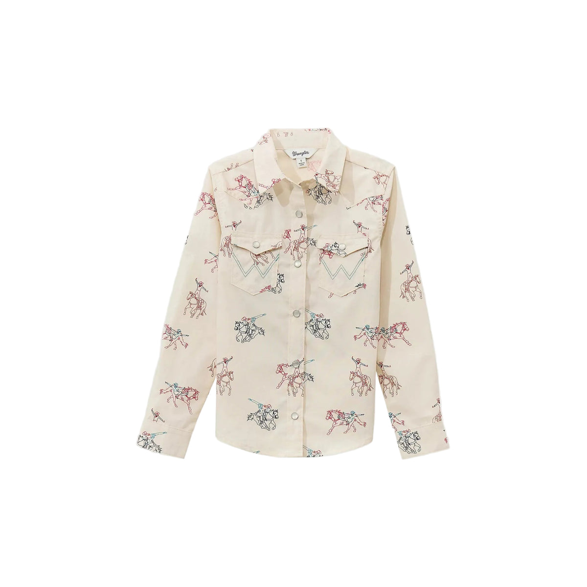 Wrangler Girl's Long Sleeve Cowboy Horse Print Western Snap Shirt - White