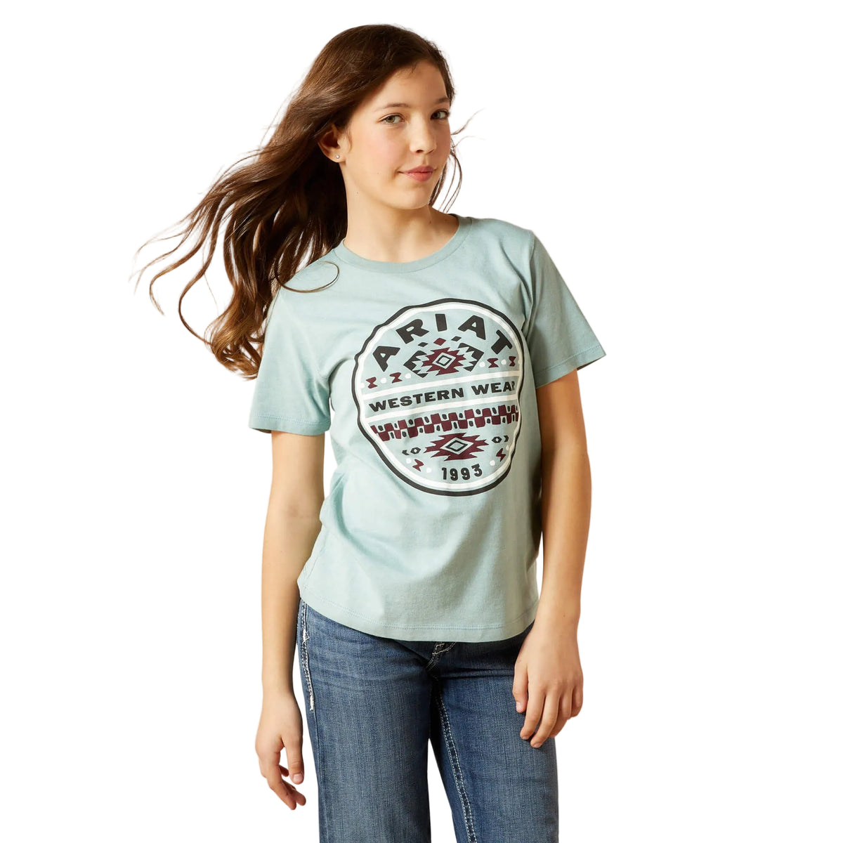 Ariat Girl's Southwest Brand Lock Up Short Sleeve Tee Shirt - Rivergreen