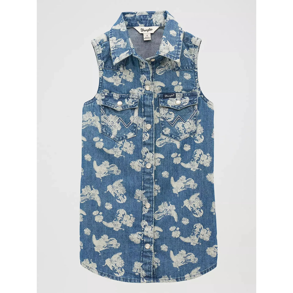 Wrangler® Girl's Sleeveless Boots Denim Western Snap Shirt - Floral Blue