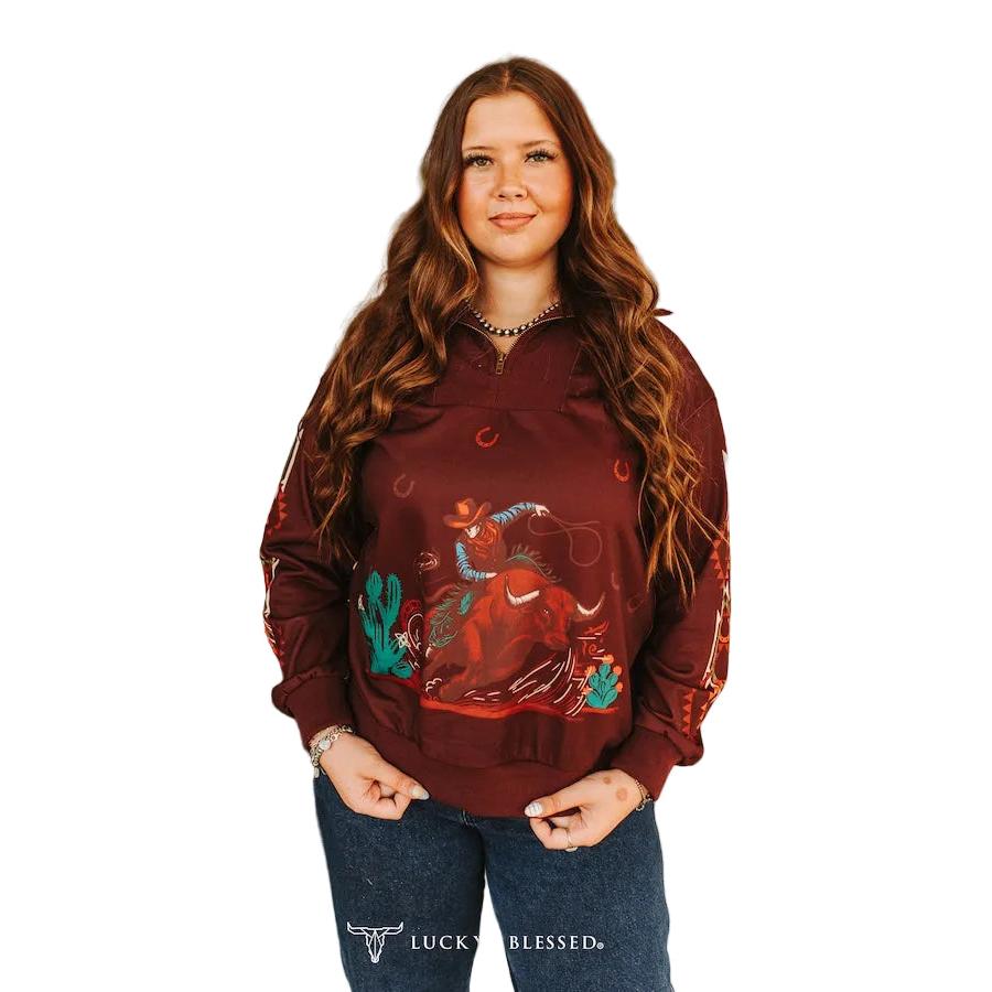 Lucky & Blessed Women's Bull Rider Printed Long Sleeve Zip Up Sweatshirt - Maroon