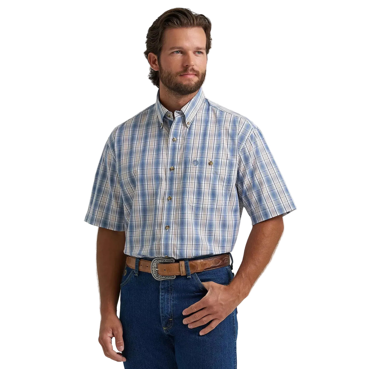 Wrangler Men's George Strait 1 Pocket Short Sleeve Shirt - Blue Steel Plaid