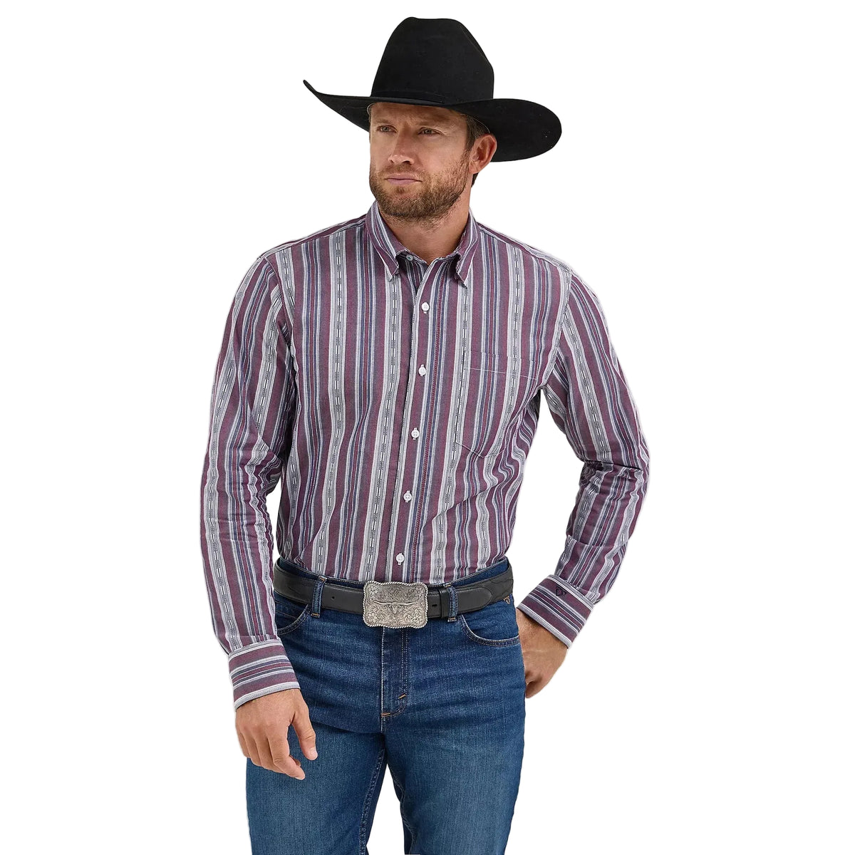 Wrangler Men's Cody Johnson One Pocket Button Down Long Sleeve Shirt - Mauve Stripes