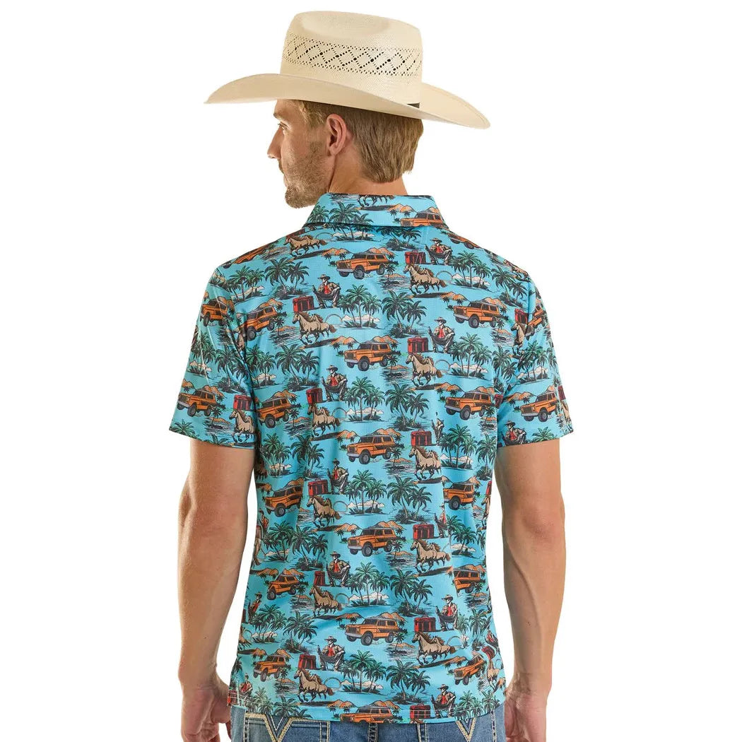 Rock & Roll Men's Dale Brisby Costal Western Print Short Sleeve Polo Shirt - Turquoise