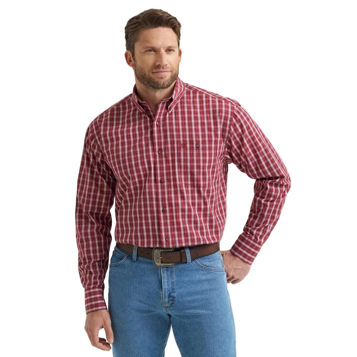 Wrangler Men's Long Sleeve Relaxed Fit Plaid Shirt - Burgundy