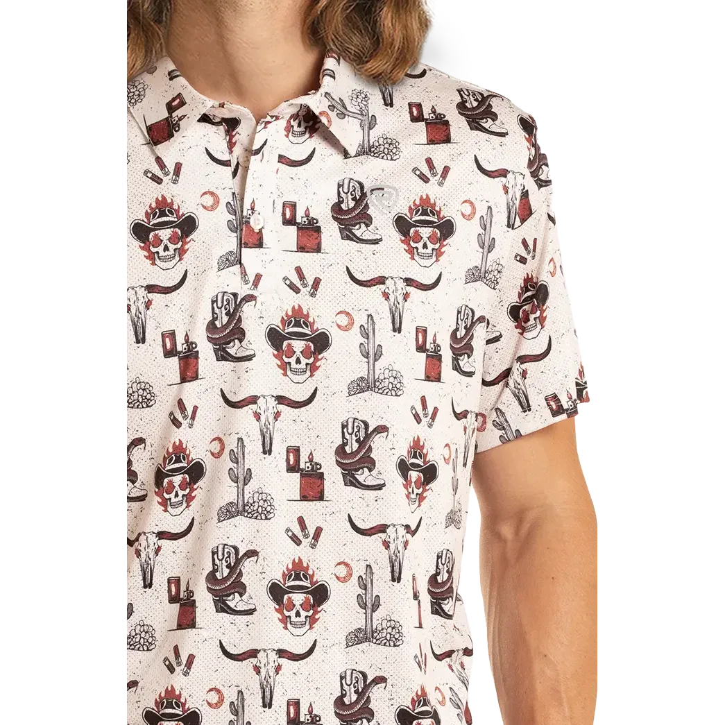 Rock & Roll Men's Dale Brisby Western Skull Print Polo SS Shirt - Natural