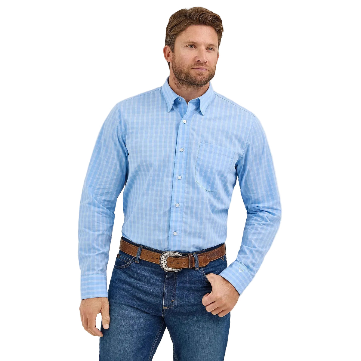 Wrangler Men's Cody Johnson One Pocket Button Down Long Sleeve Shirt - French Blue Check