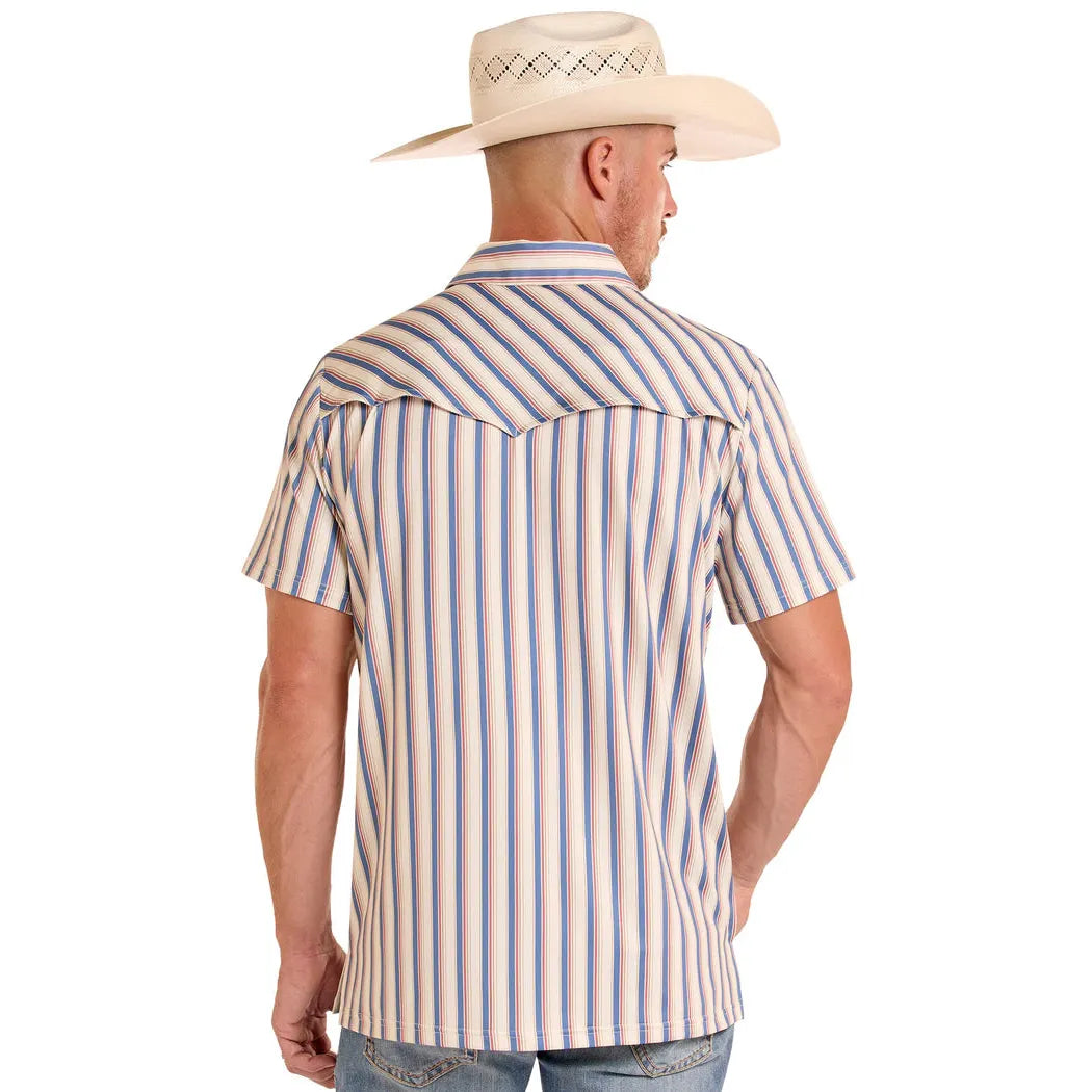Rock & Roll Mens Western Stripe Short Sleeve Pocket Polo Shirt - White/Red