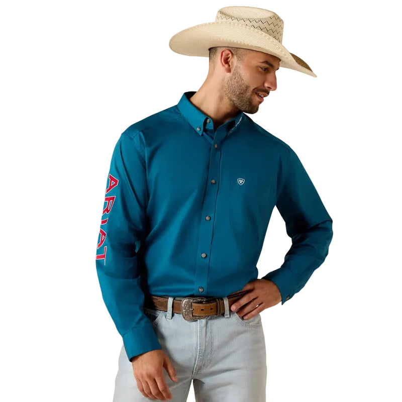 Ariat Men's Team Logo Lightweight Twill Classic Fit Long Sleeve Shirt - Corsair/Red