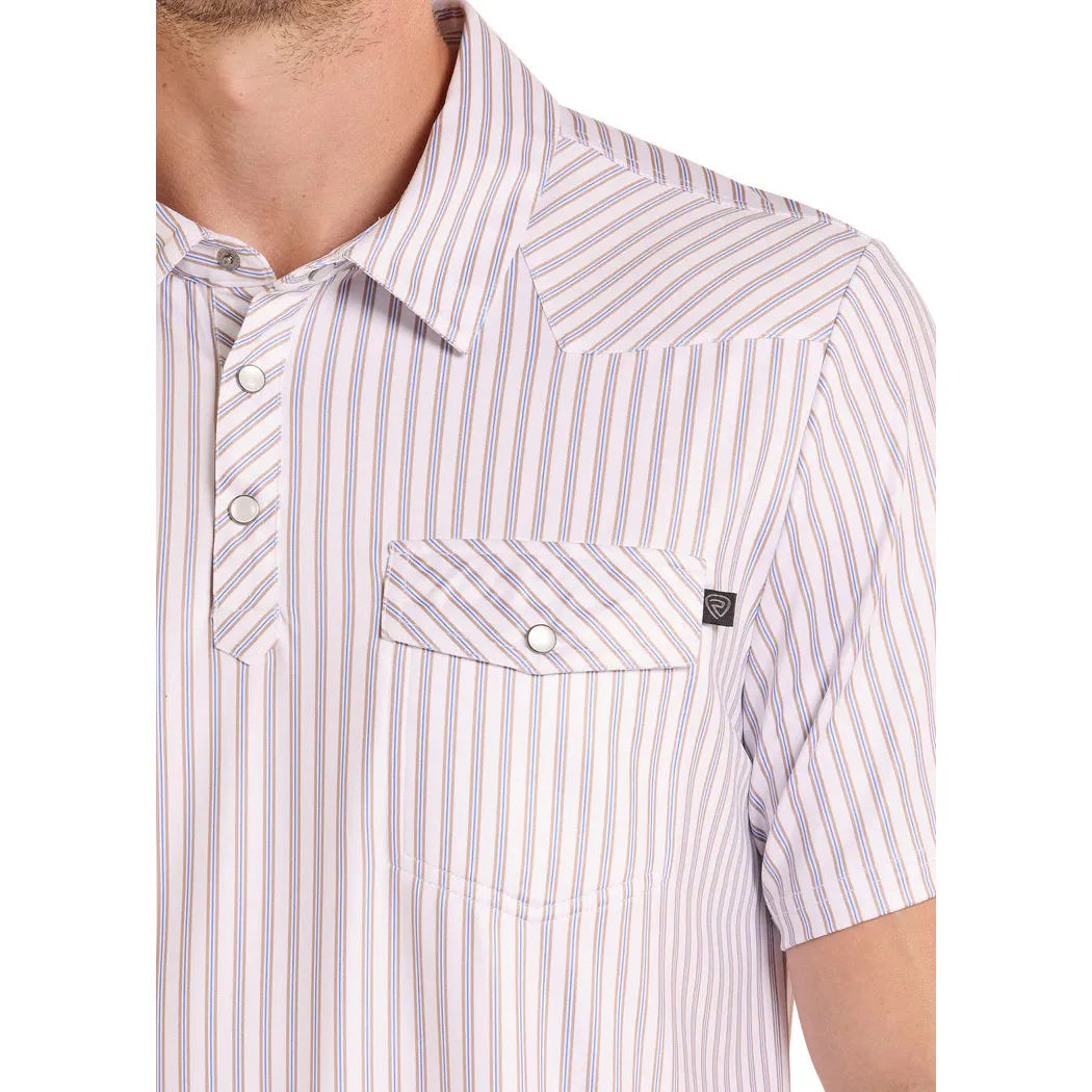 Rock & Roll Mens Western Pocket Short Sleeve Stripe Polo Shirt - White/Tan Stripe
