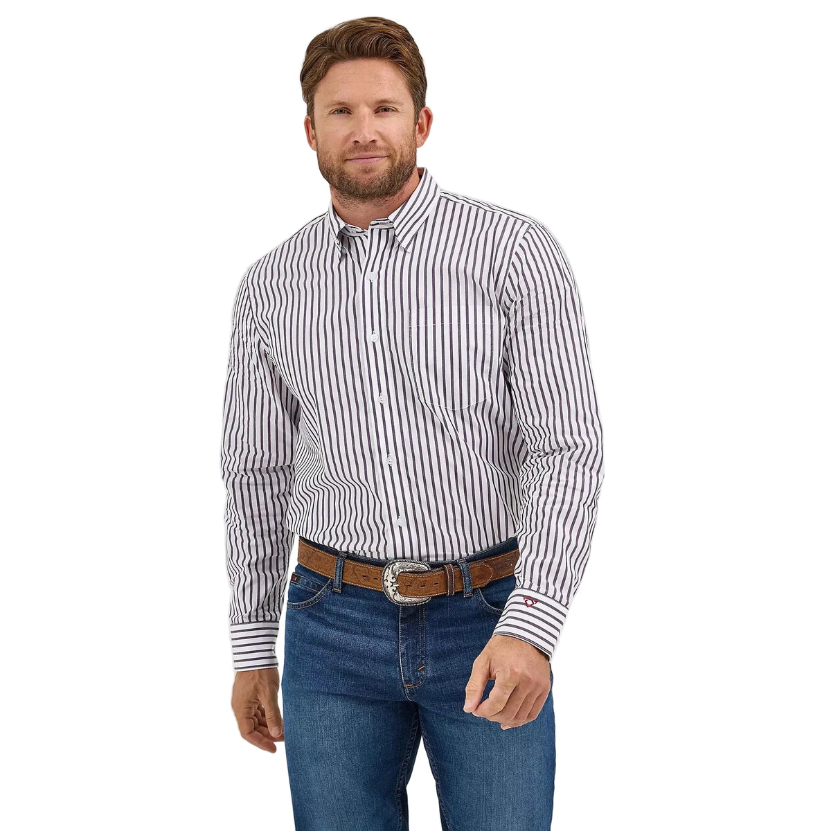 Wrangler Men's Cody Johnson One Pocket Button Down Long Sleeve Shirt - Navy White Stripes