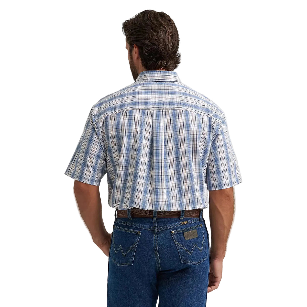 Wrangler Men's George Strait 1 Pocket Short Sleeve Shirt - Blue Steel Plaid