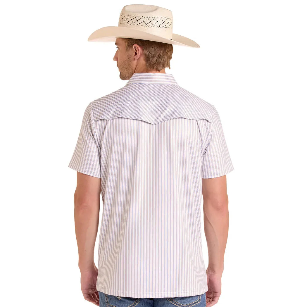 Rock & Roll Mens Western Pocket Short Sleeve Stripe Polo Shirt - White/Tan Stripe