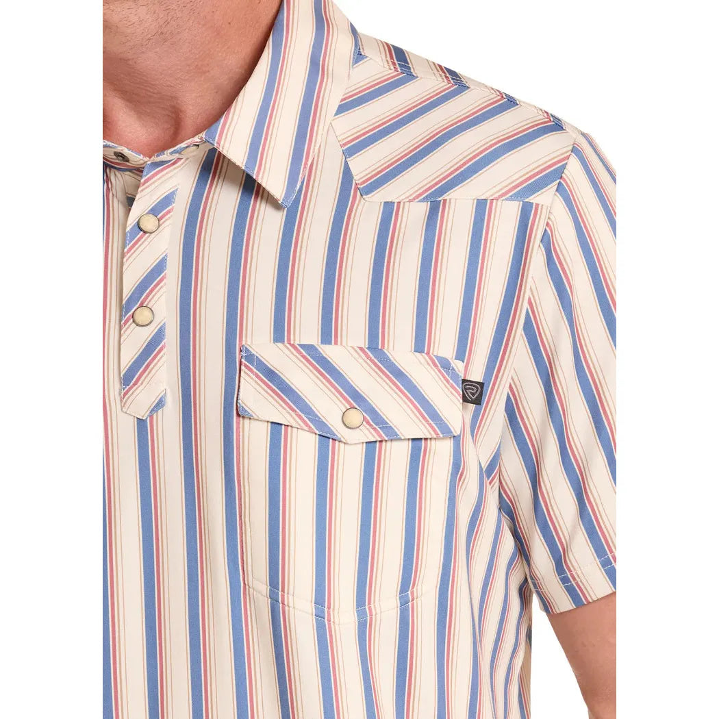 Rock & Roll Mens Western Stripe Short Sleeve Pocket Polo Shirt - White/Red