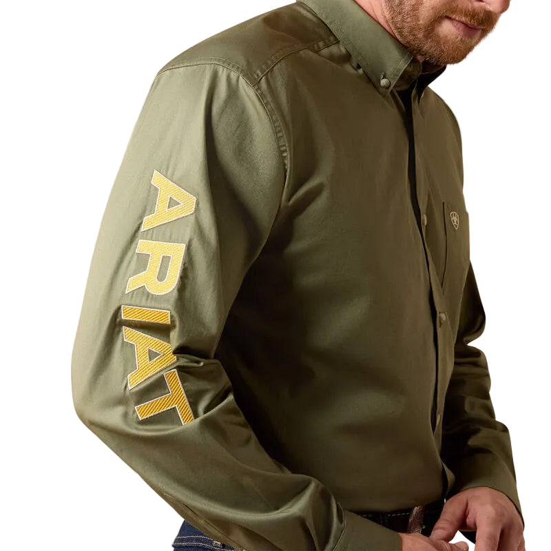 Ariat Men's Team Logo Lightweight Twill Classic Fit LS Shirt - Deep Lichen Green/Amber