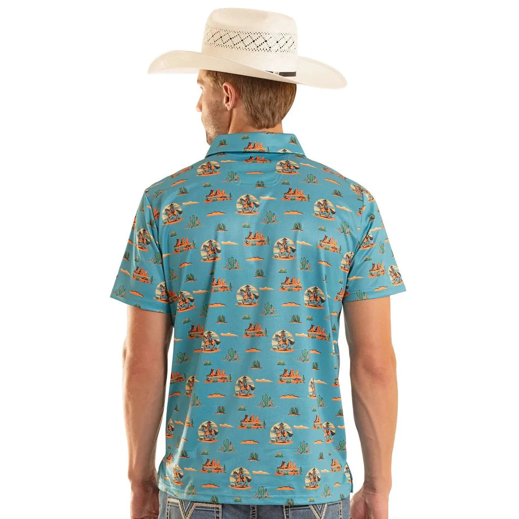 Rock & Roll Men's Dale Brisby Western Desert Print Short Sleeve Polo Shirt - Peacock