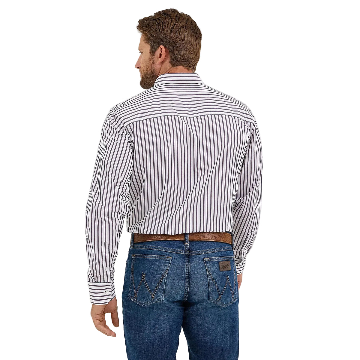 Wrangler Men's Cody Johnson One Pocket Button Down Long Sleeve Shirt - Navy White Stripes