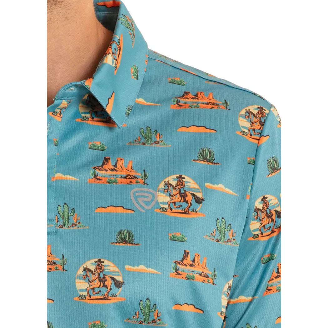 Rock & Roll Men's Dale Brisby Western Desert Print Short Sleeve Polo Shirt - Peacock