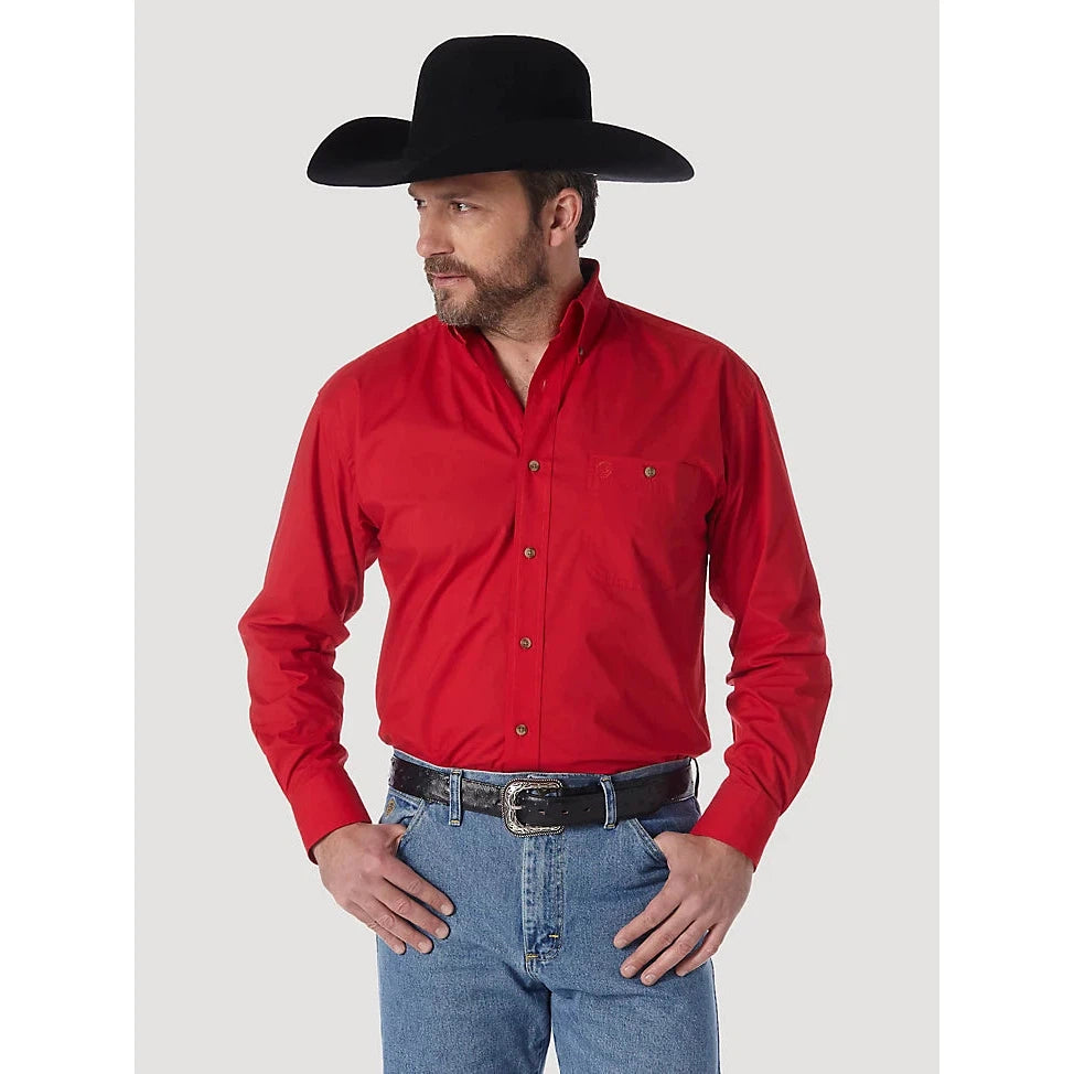 Wrangler Men's George Strait Long Sleeve Button Down Solid Shirt - Red - Irvine Tack & Western Wear