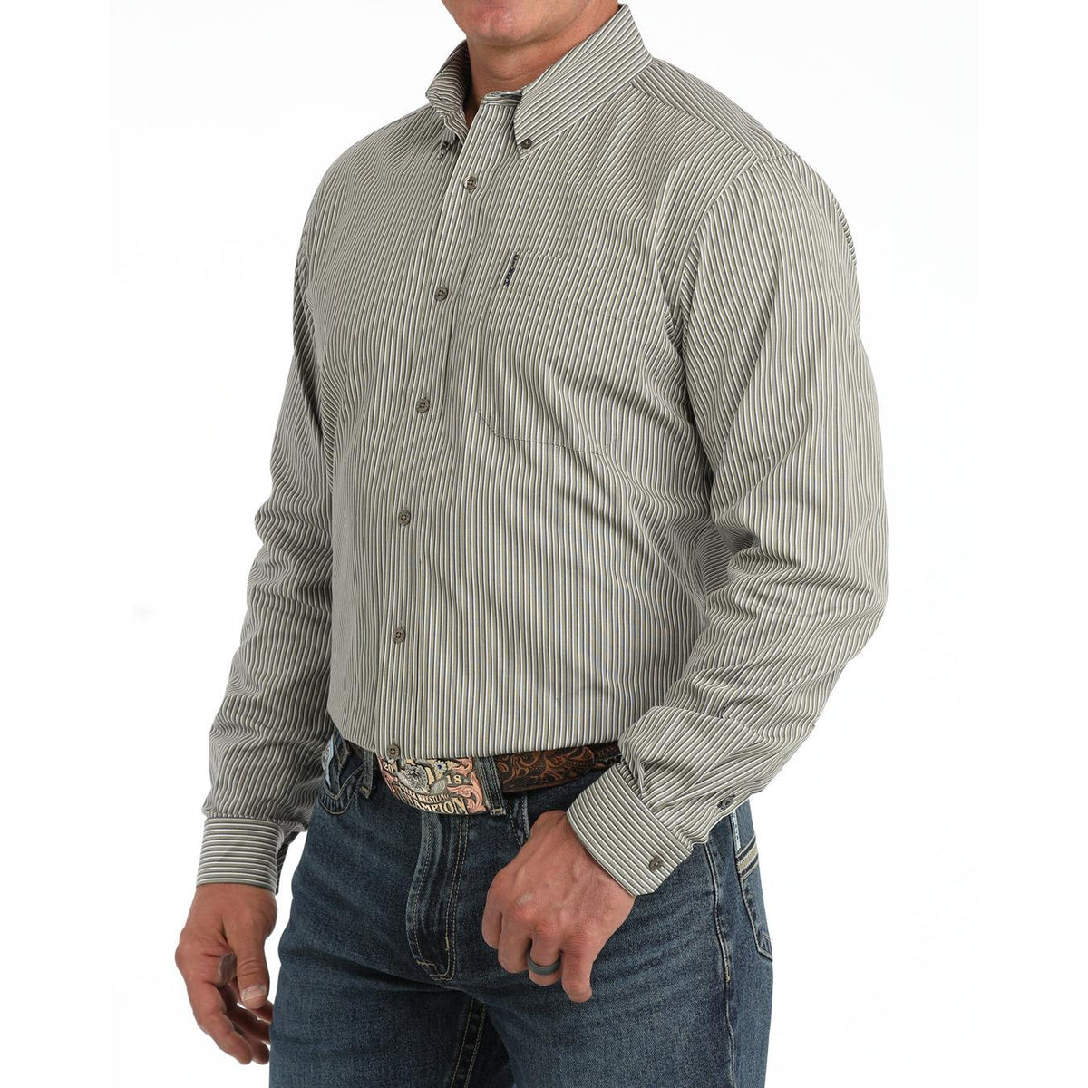 Cinch Men's Modern Fit Long Sleeve Stripe Western Shirt - Olive