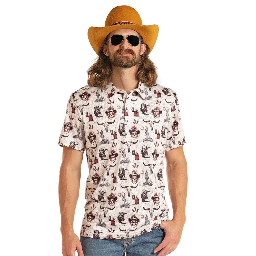 Rock & Roll Men's Dale Brisby Western Skull Print Polo SS Shirt - Natural