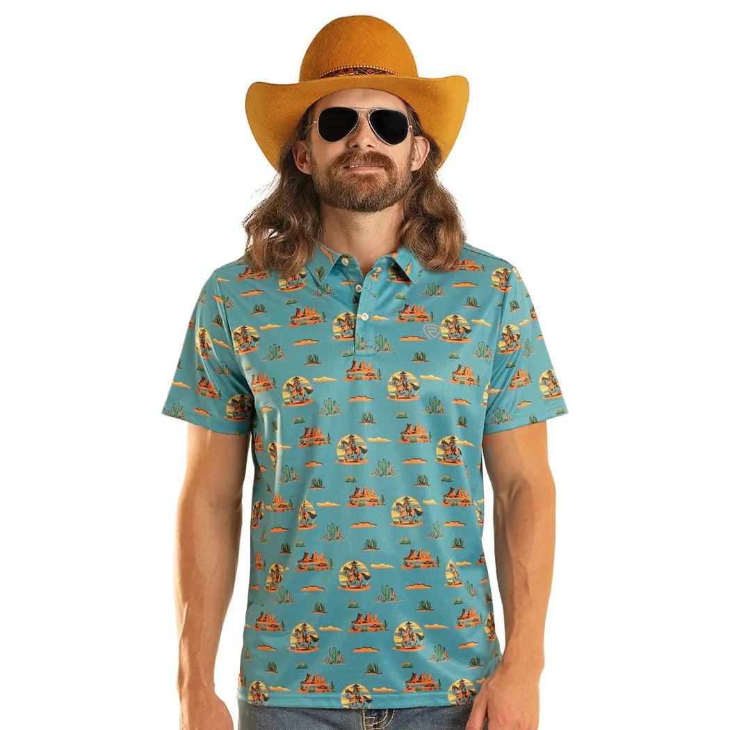 Rock & Roll Men's Dale Brisby Western Desert Print Short Sleeve Polo Shirt - Peacock