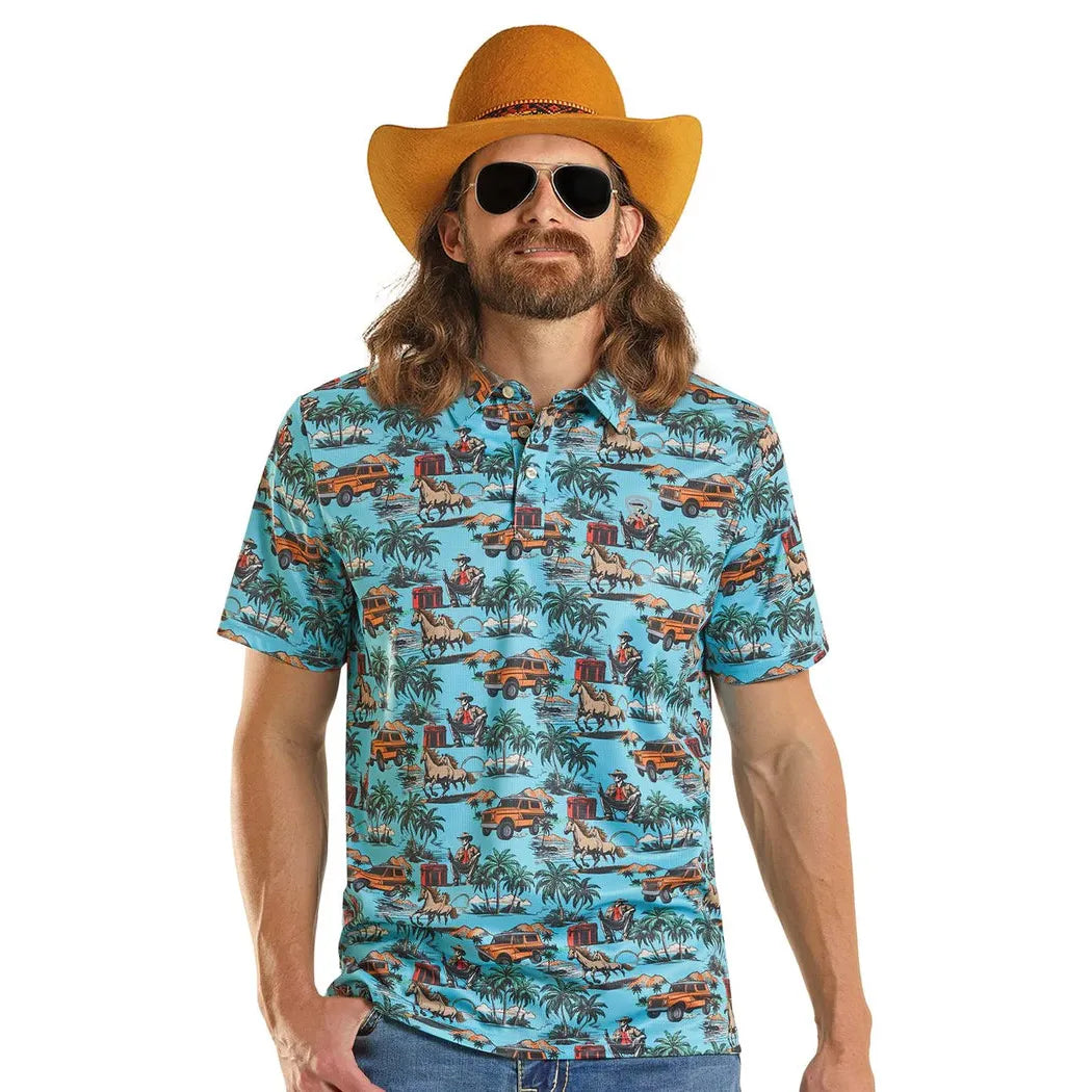 Rock & Roll Men's Dale Brisby Costal Western Print Short Sleeve Polo Shirt - Turquoise